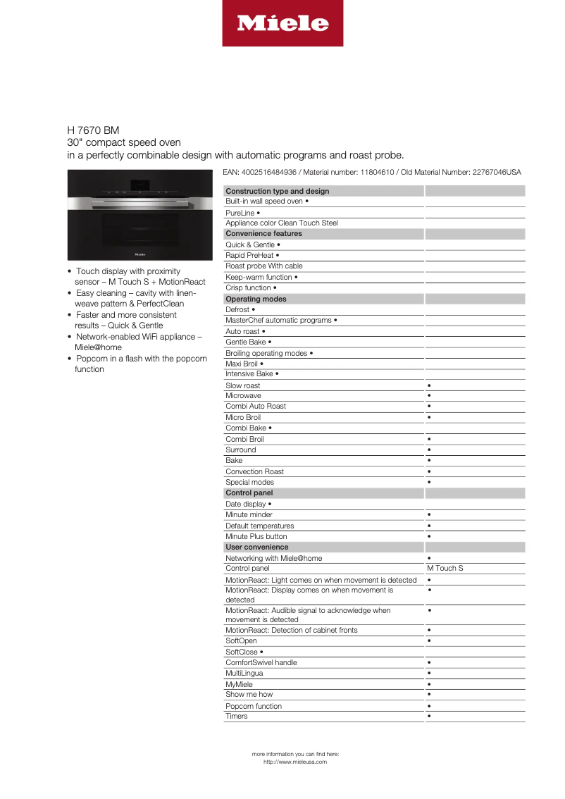 Page 1 of the manual Technical Sheet Miele H 7670 BM