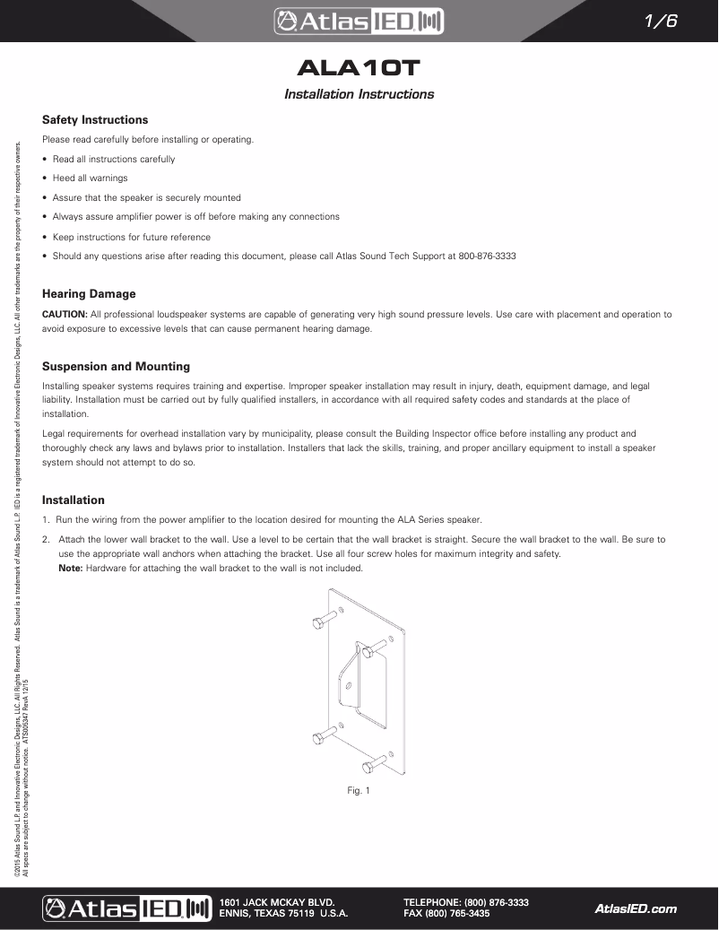 Page 1 of the manual User Manual Atlas Sound A-Line ALA10TB