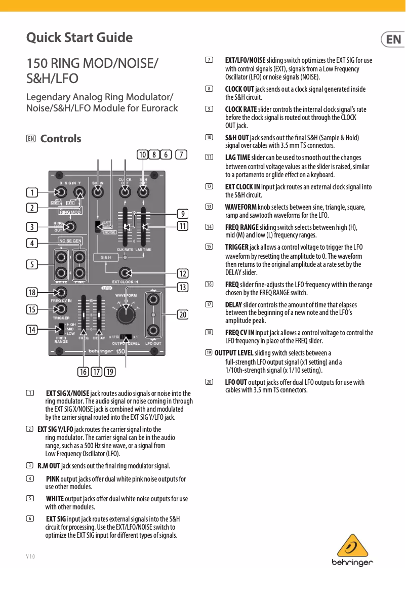 Page 1 of the manual Quick Start Guide Behringer 150 Ring Mod/Noise/S&H/LFO