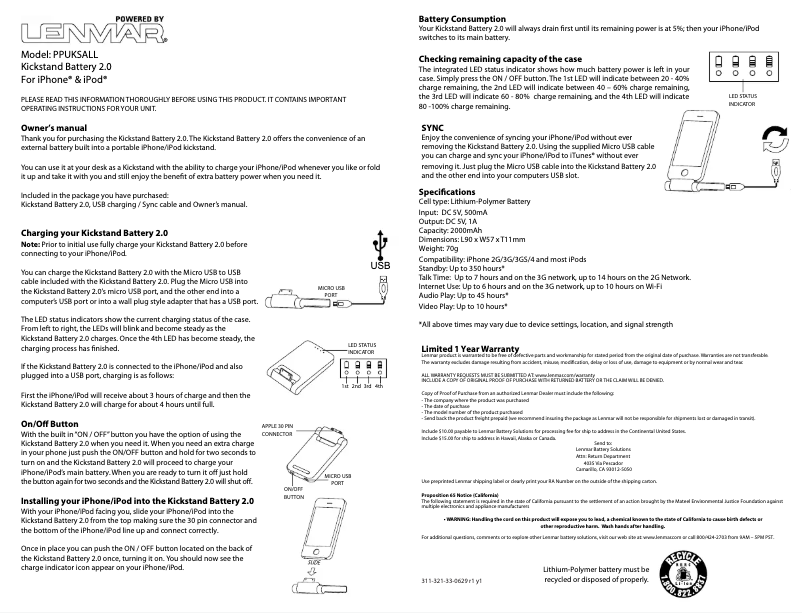 First page image of the manual for Kickstand Battery 2.0