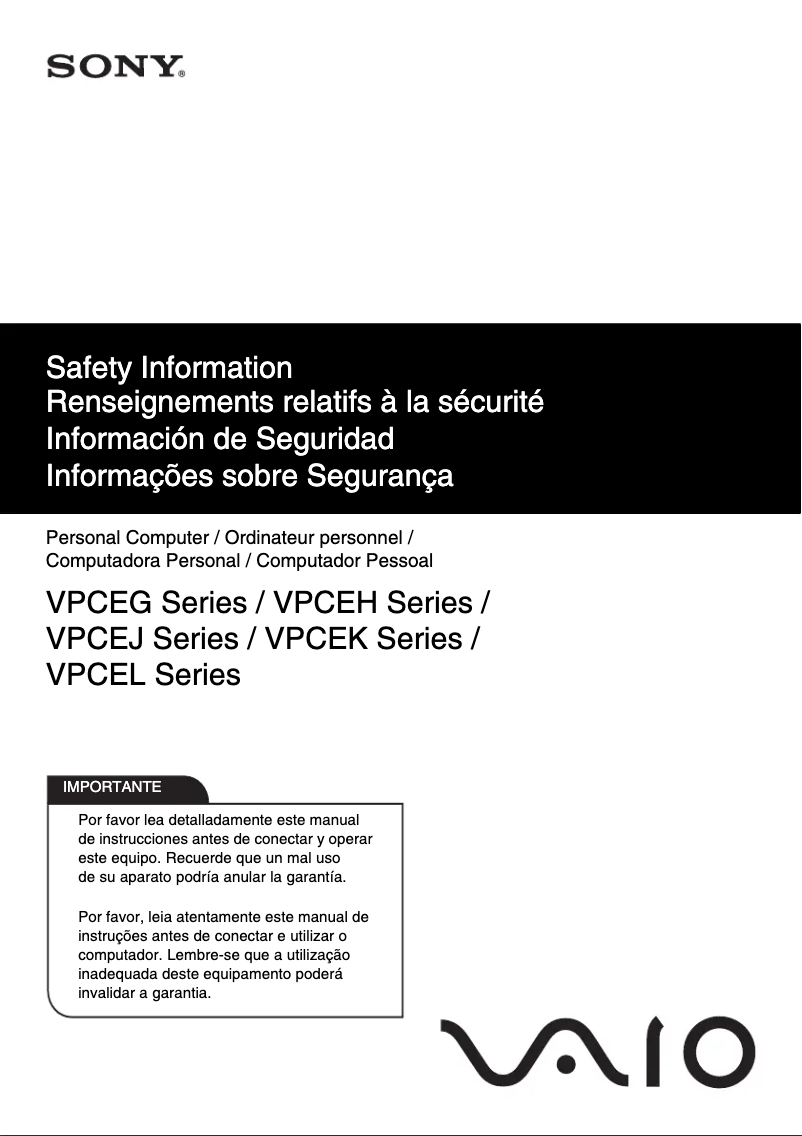 Page 1 of the manual Safety Instructions Sony Vaio VPCEG36FX