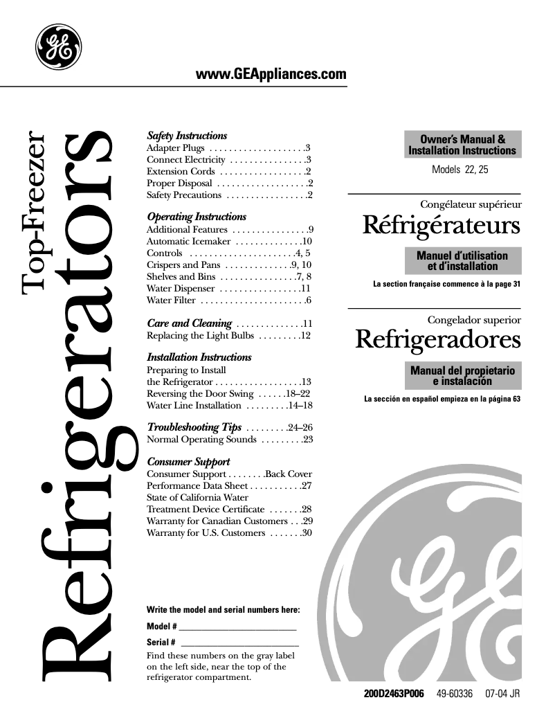 First page image of the manual for PTS22LHSWW