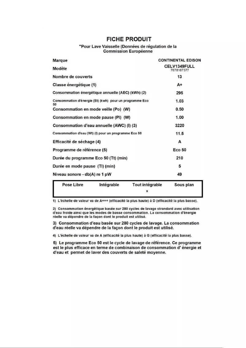 Page 1 of the manual Energy Label Continental Edison CELV1349FULL
