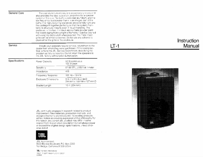 Page 1 of the manual User Manual JBL LT-1