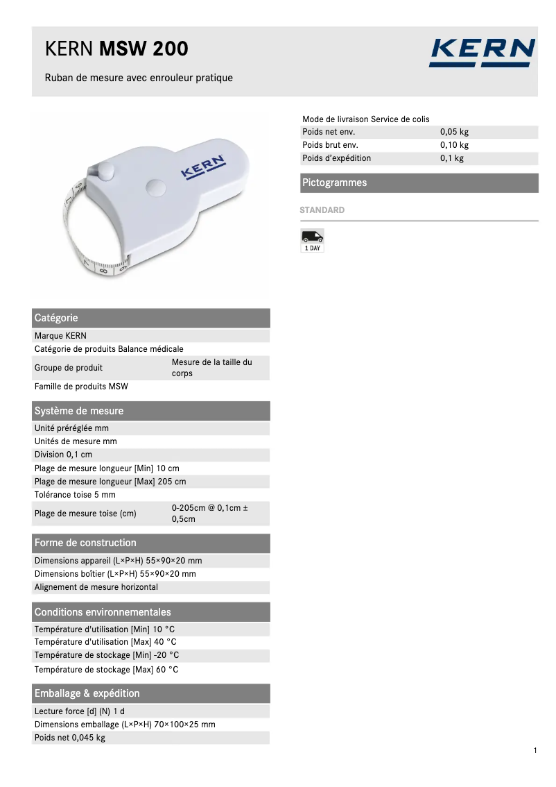 Page 1 of the manual Technical Sheet Kern MSW 200