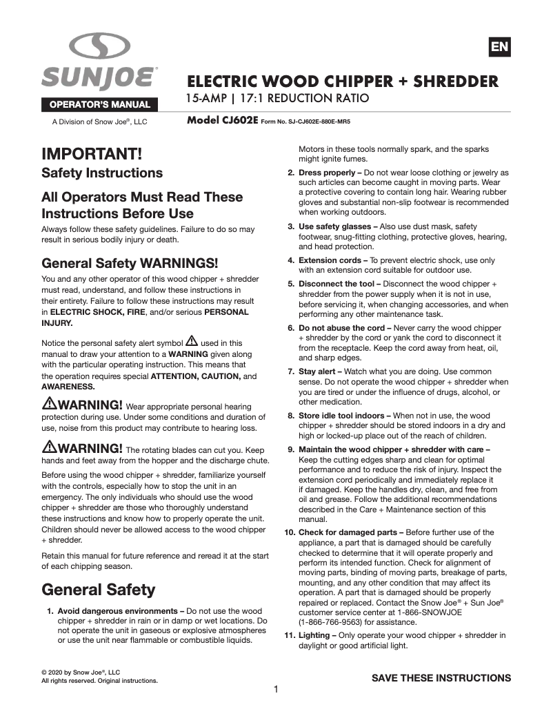 Page 1 of the manual User Manual Sun Joe CJ602E-GRY
