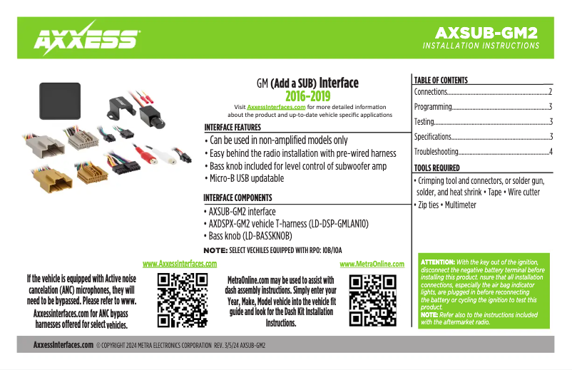 First page image of the manual for AXSUB-GM2