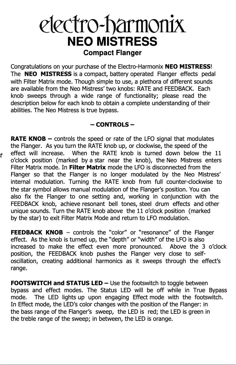 First page image of the manual for Neo Mistress