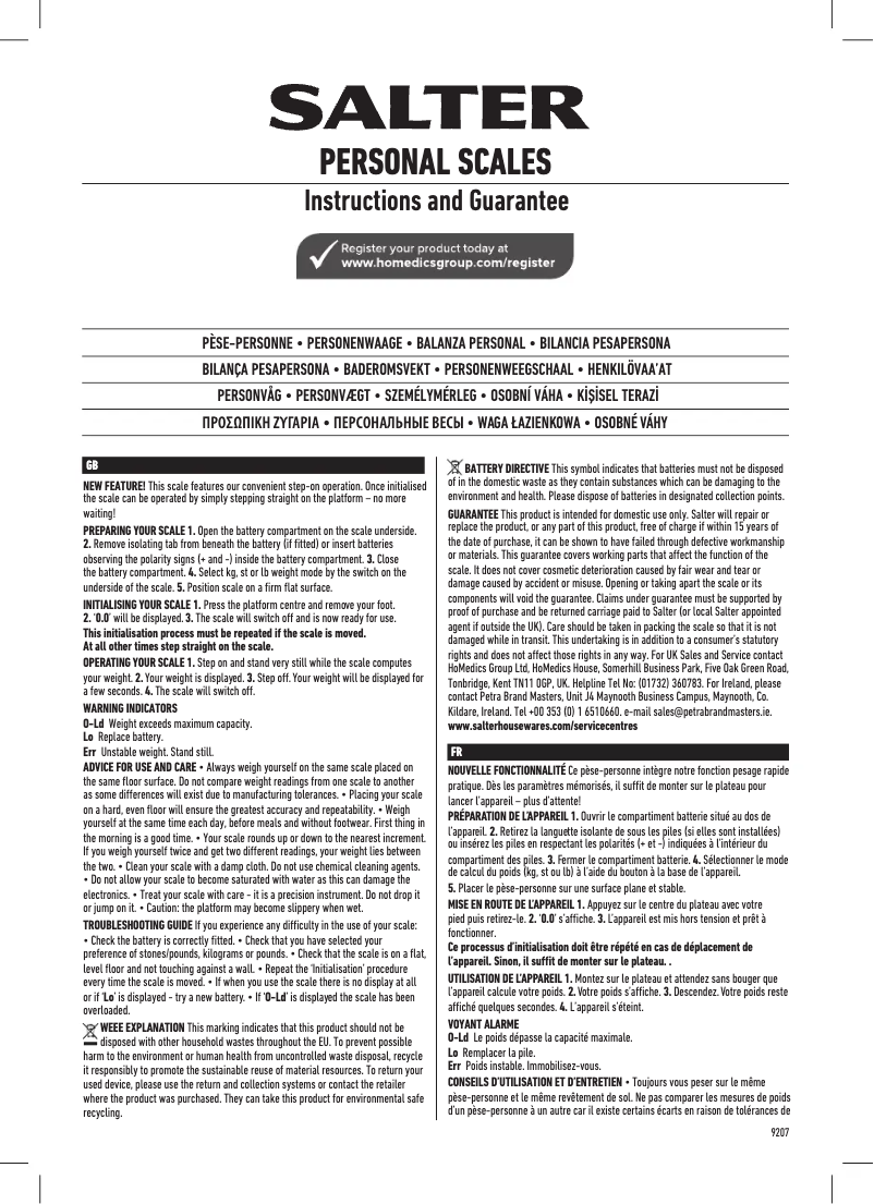 Page 1 of the manual User Manual Salter 9207 WH3R