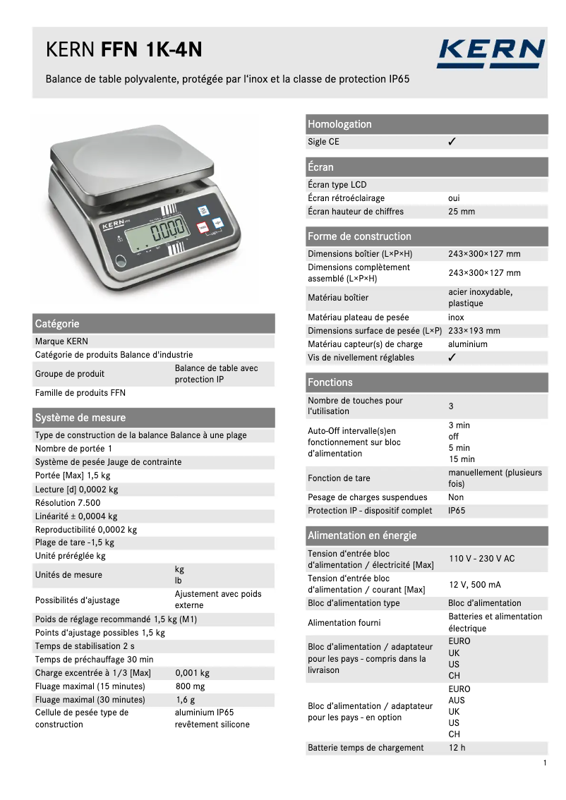 Page 1 of the manual Technical Sheet Kern FFN 1K-4N
