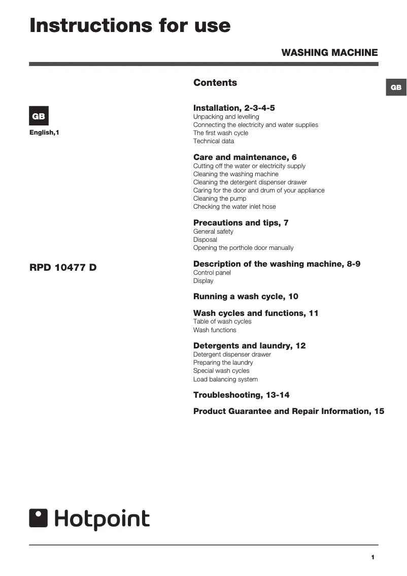 Page 1 of the manual User Manual Hotpoint RPD 10477D
