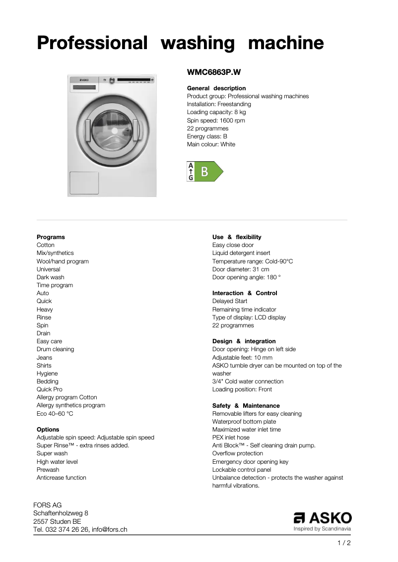 Page 1 of the manual Technical Sheet Asko WMC6863P