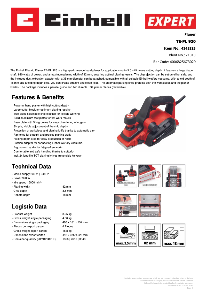 Page 1 of the manual Technical Sheet Einhell TE-PL 920