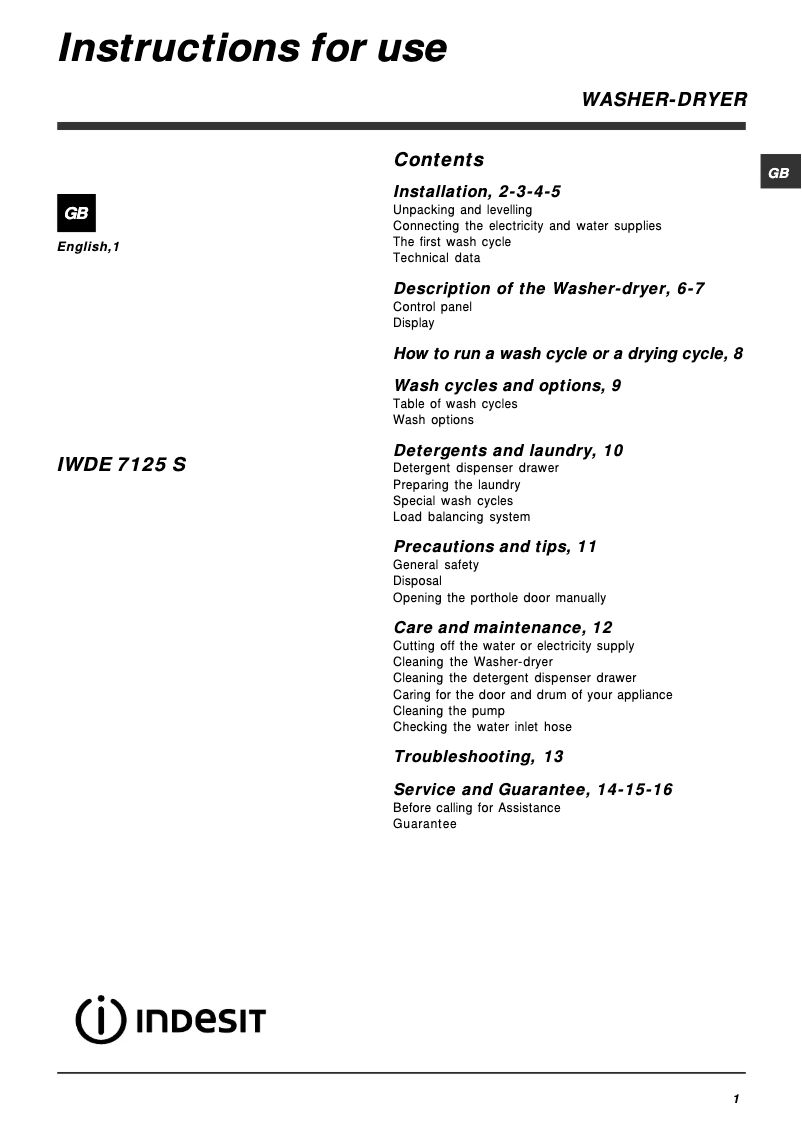 Page 1 of the manual User Manual Indesit IWDE 7125 S