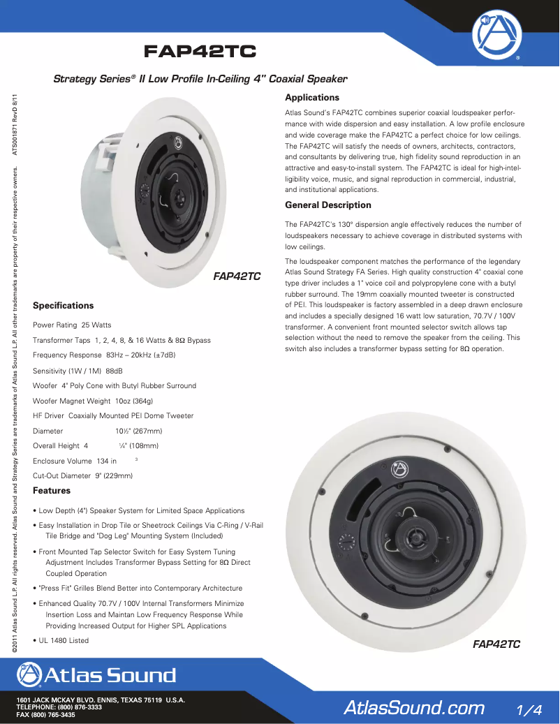 Page 1 of the manual Instruction Manual Atlas Sound FAP42TC