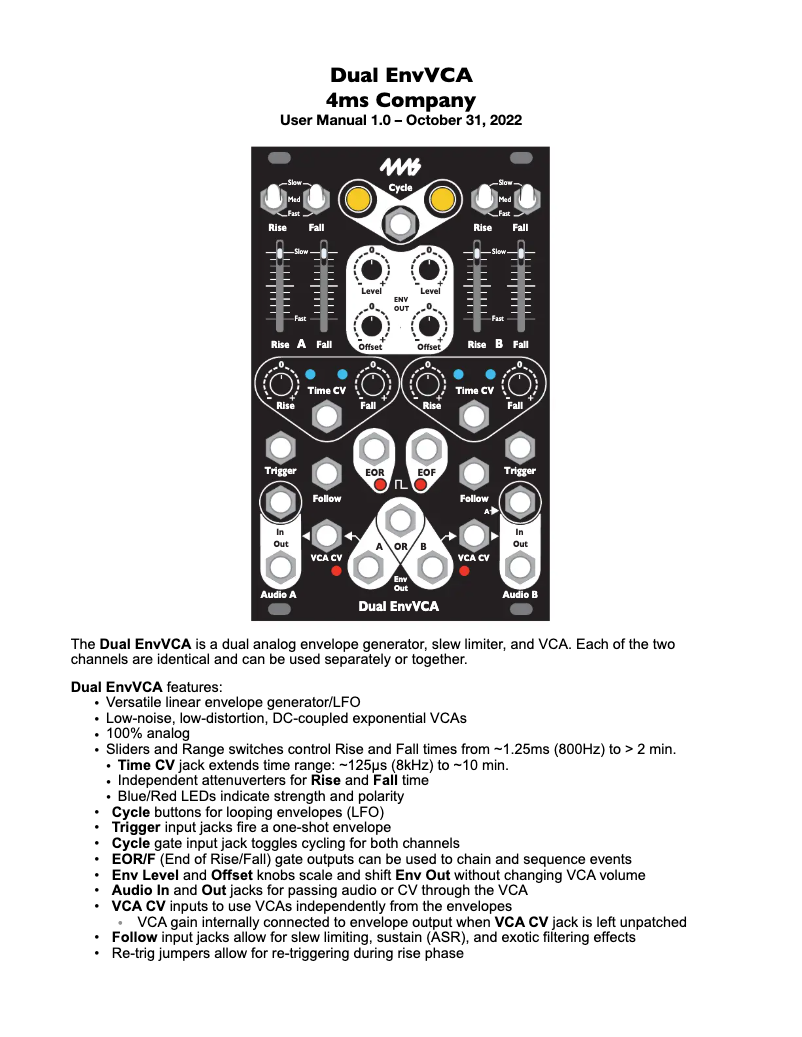 Page 1 of the manual User Manual 4ms EnvVCA