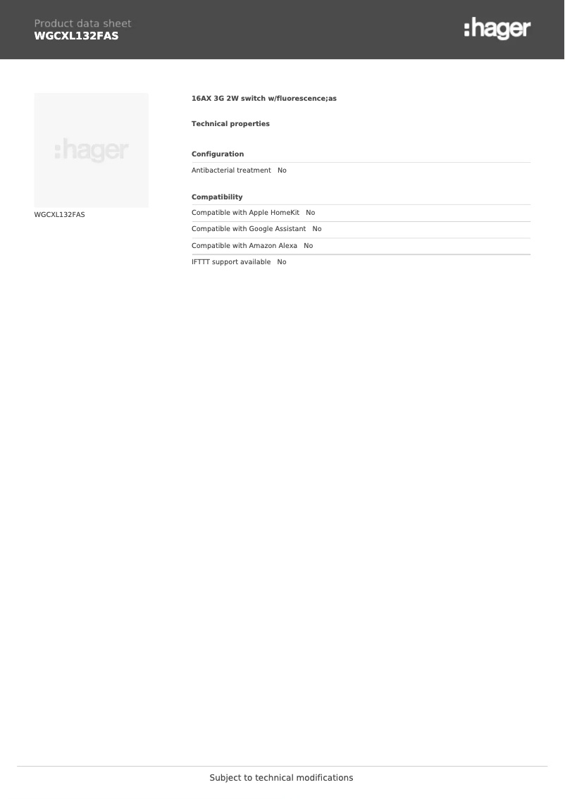 Page 1 of the manual Technical Sheet Hager WGCXL132FAS