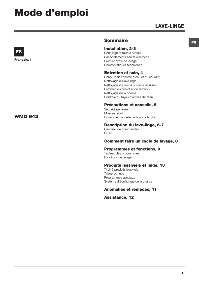 Page 1 of the manual User Manual Hotpoint Ariston WMD 942 B FR