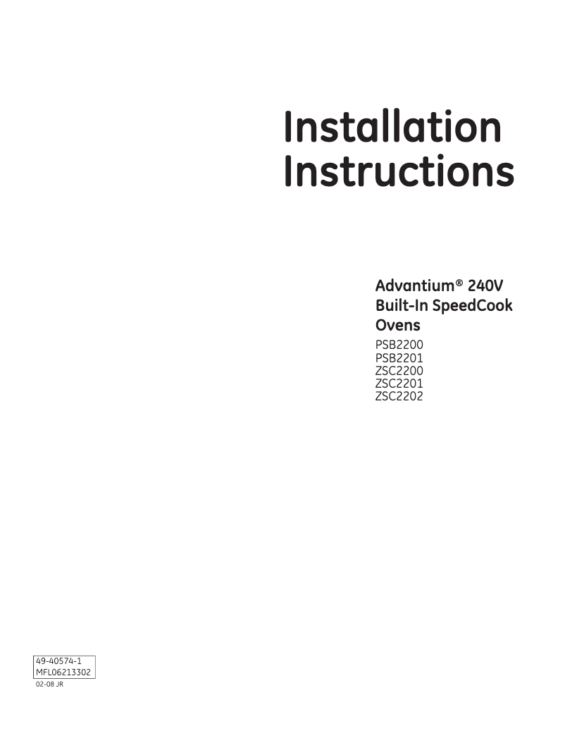 Page 1 of the manual Installation Guide GE PSB2200NBB