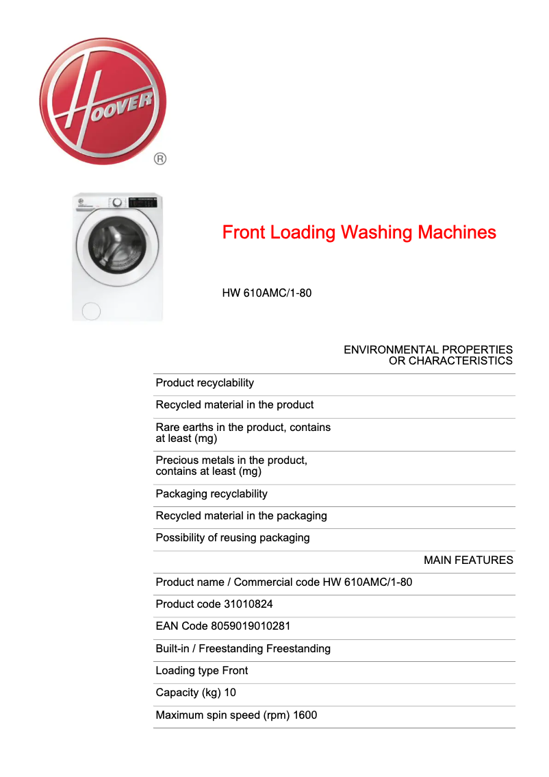 First page image of the manual for H-WASH 500 HW 610AMC/1-80