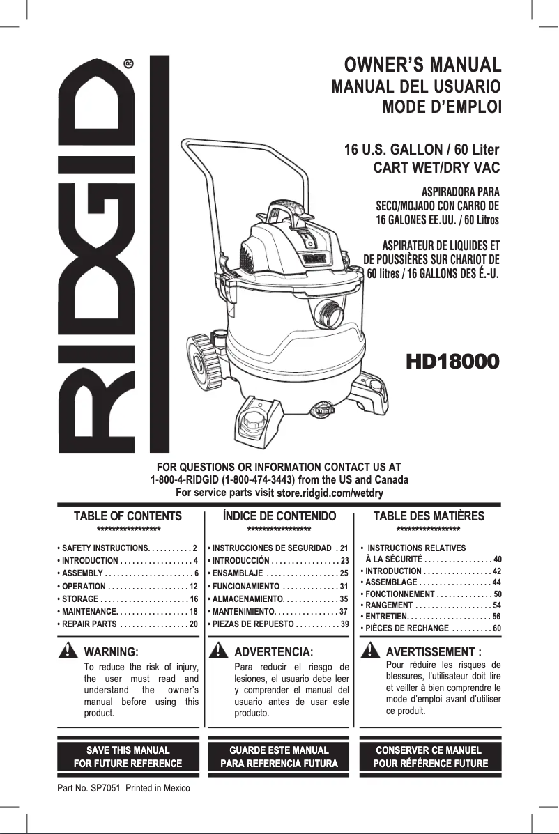 First page image of the manual for HD18000