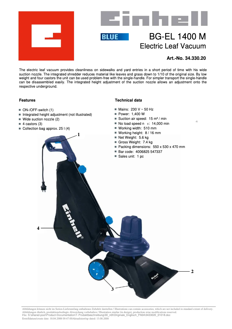 First page image of the manual for BG-EL 1400 M