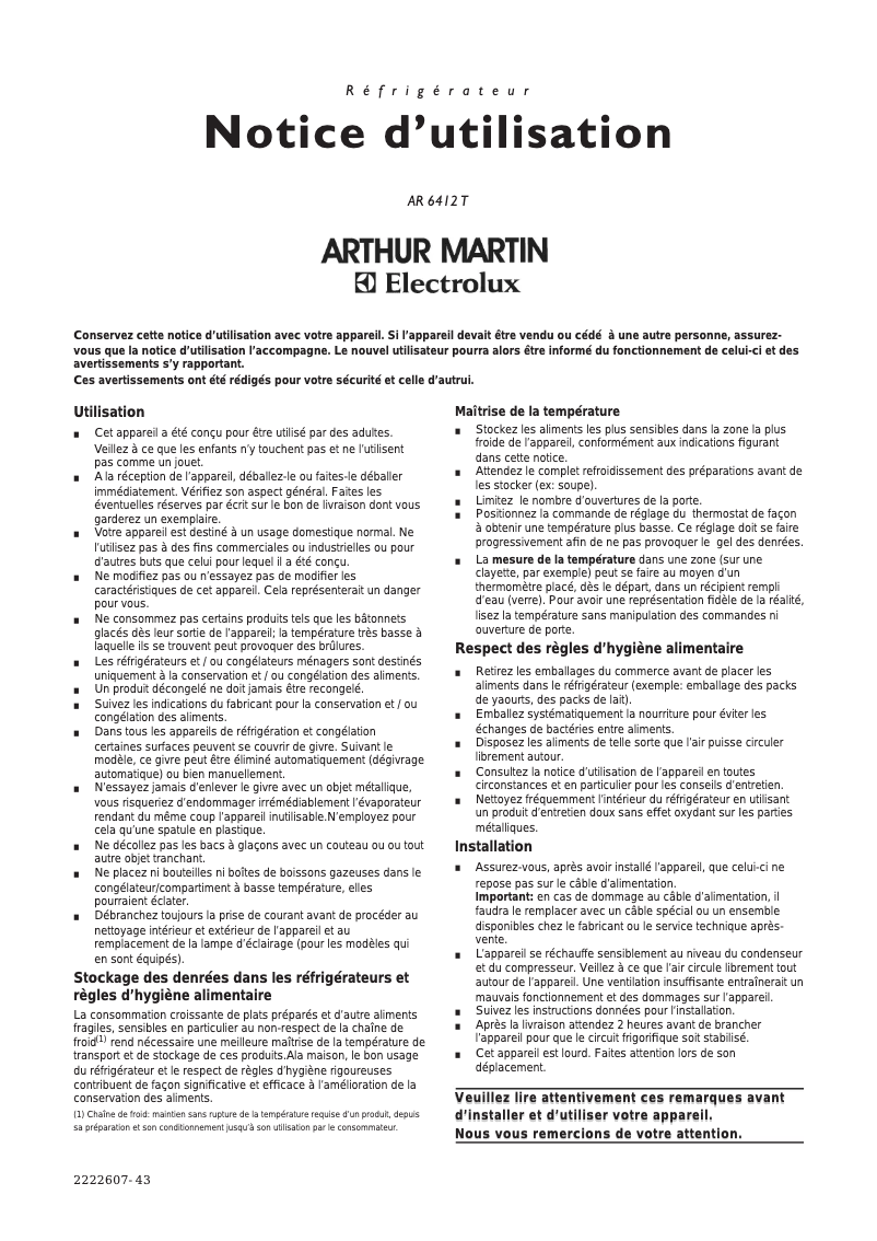 Page 1 of the manual User Manual Arthur Martin-Electrolux AR6412T