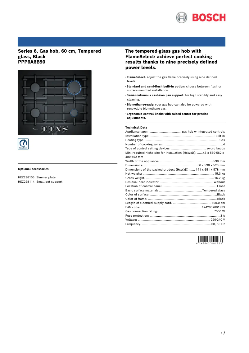 Page 1 of the manual Technical Sheet Bosch PPP6A6B90