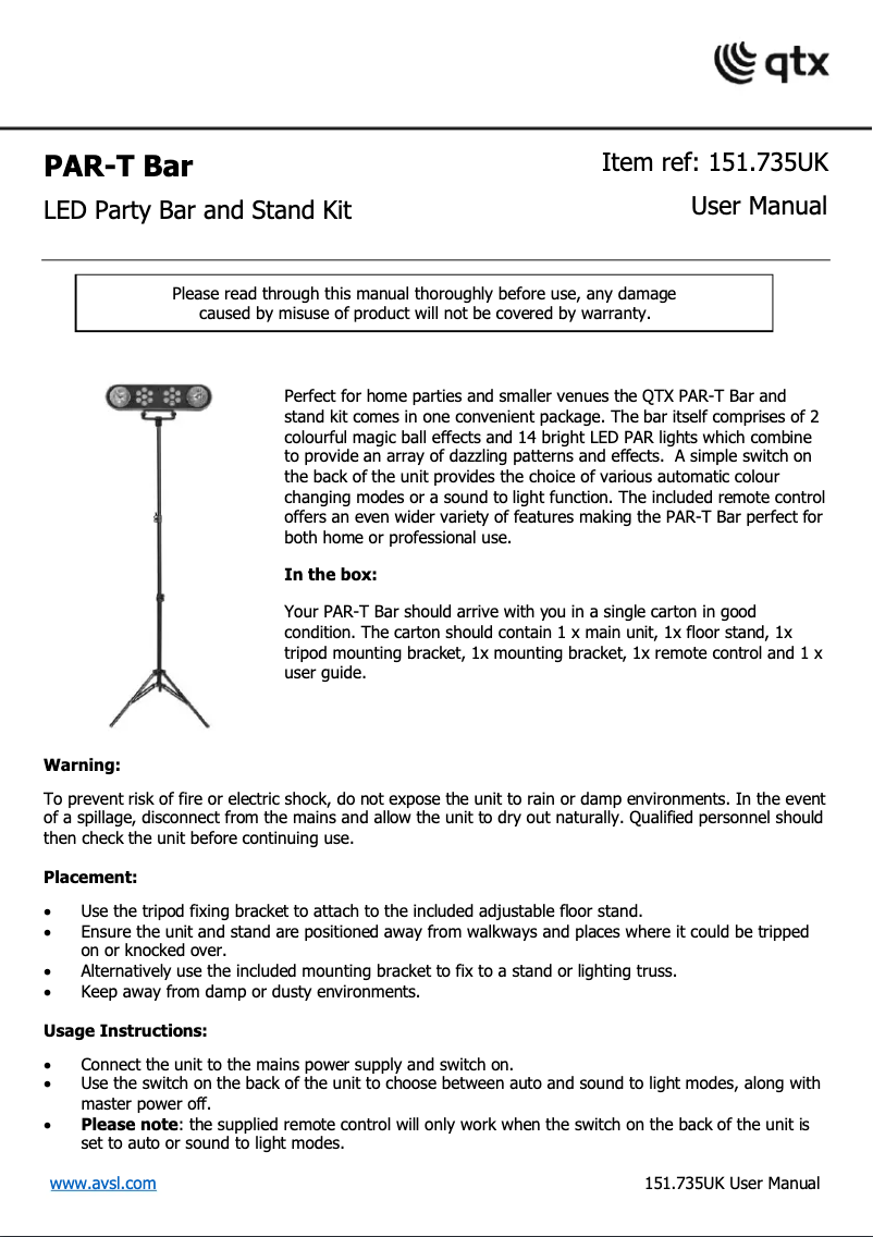 First page image of the manual for Par-T Bar