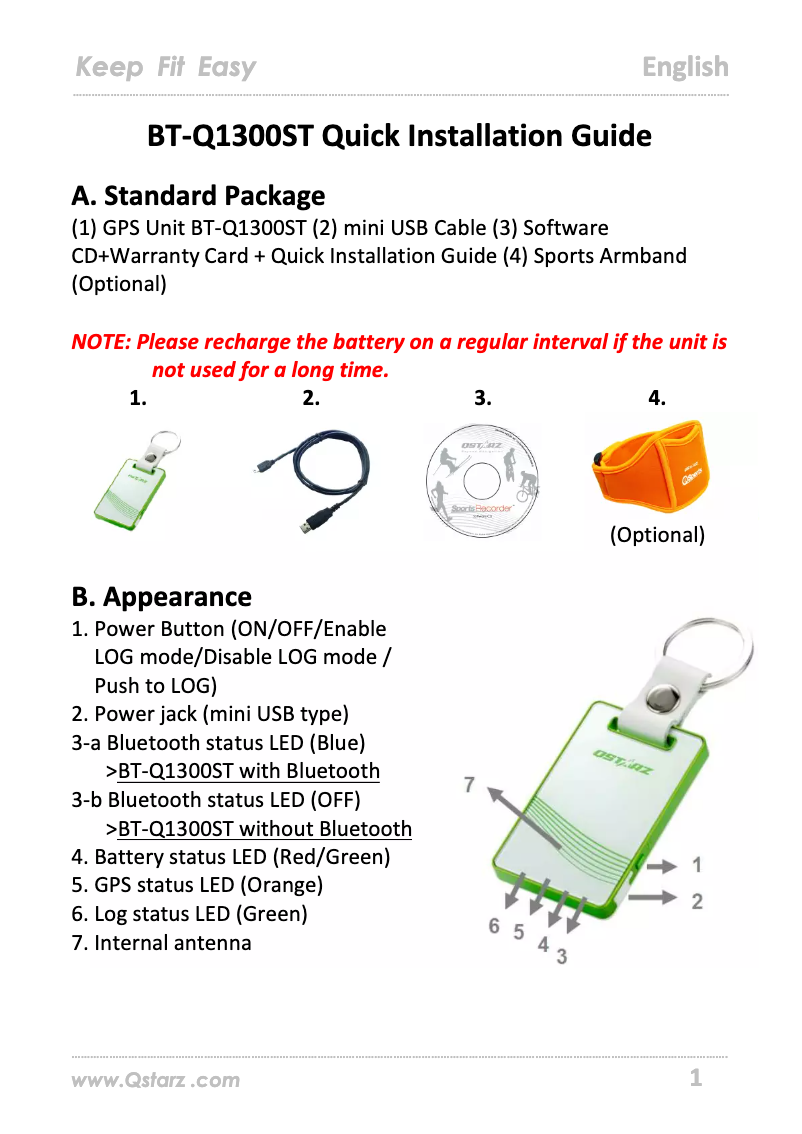 Page 1 of the manual User Manual Qstarz BT-Q1300ST