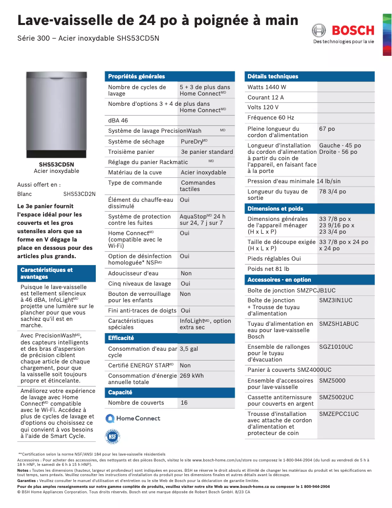 Page 1 of the manual Technical Sheet Bosch SHS53CD5N