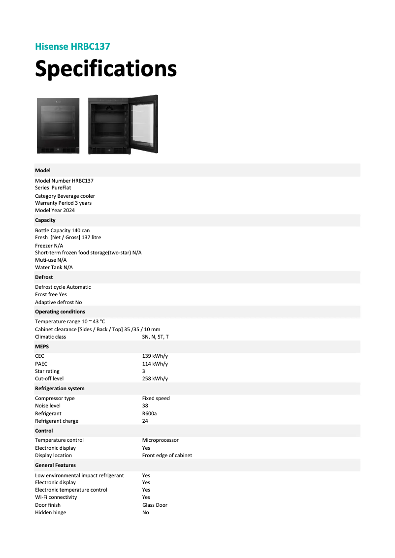 Page 1 of the manual Technical Sheet Hisense HRBC137