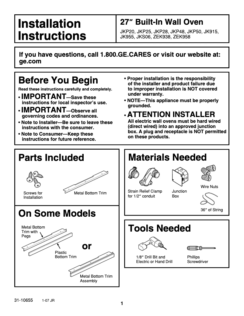 Page 1 of the manual Installation Guide GE JK955BFBB