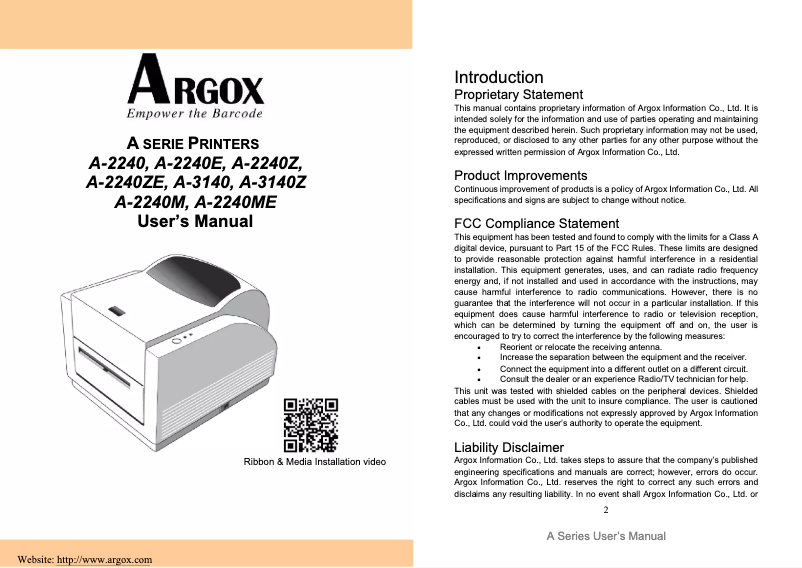 Page 1 of the manual User Manual Argox A-2240ZE