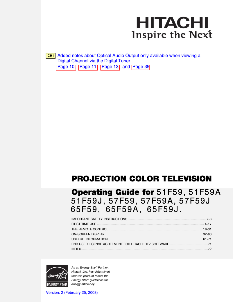 Page 1 of the manual User Manual Hitachi 51F59J