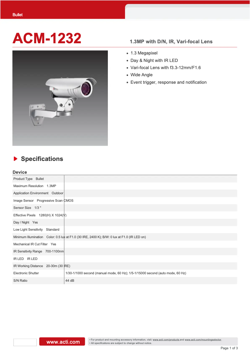 Page 1 of the manual Technical Sheet ACTi ACM-1232