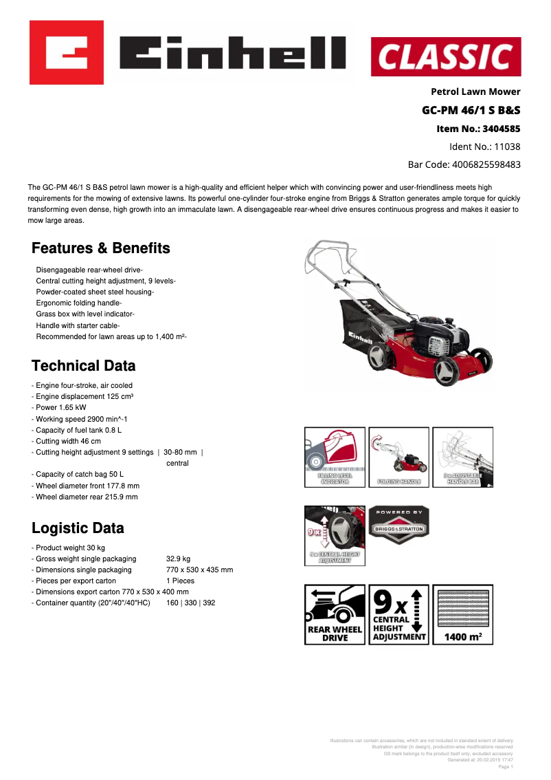 Page 1 of the manual Technical Sheet Einhell GC-PM 46/1 S B&S