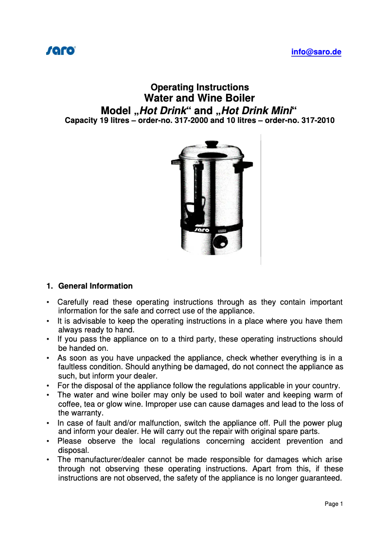 Page 1 of the manual User Manual Saro HOT DRINK 317-2000