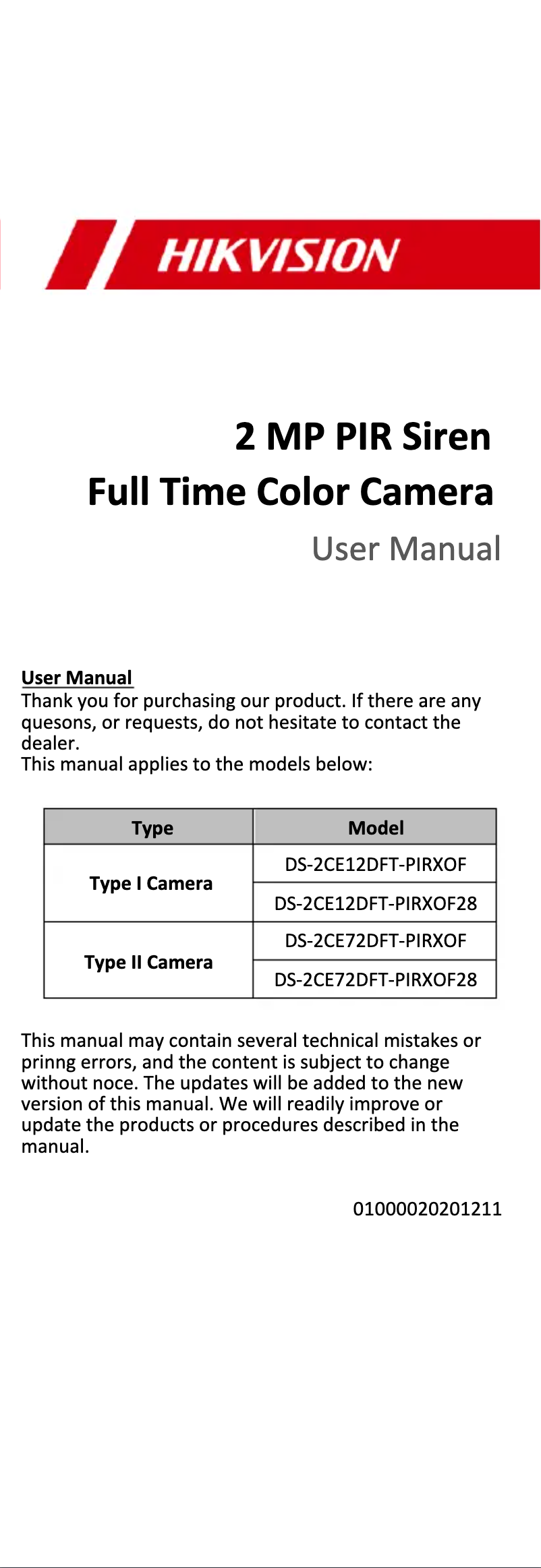 First page image of the manual for DS-2CE72DFT-PIRXOF