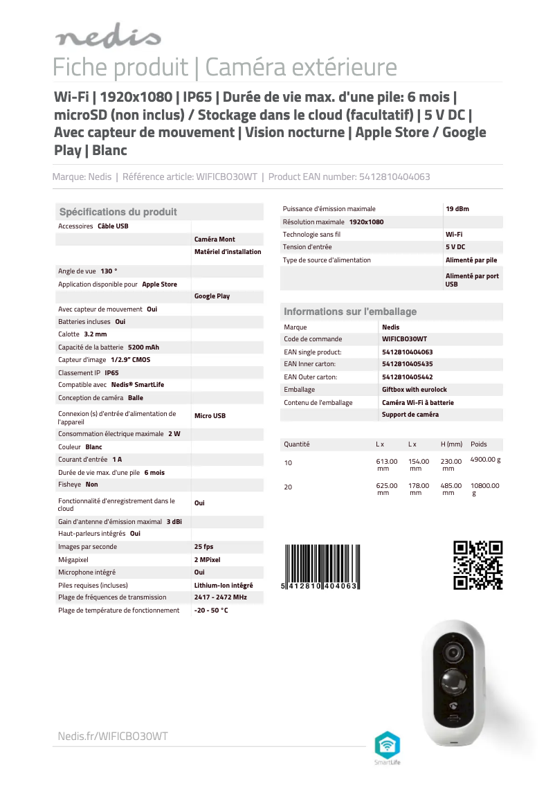 Page 1 of the manual Technical Sheet Nedis WIFICBO30WT