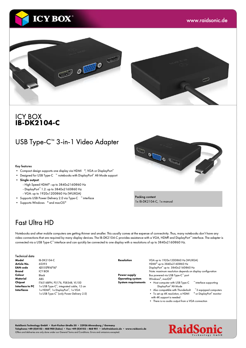 Page 1 of the manual Technical Sheet Icy Box IB-DK2104-C