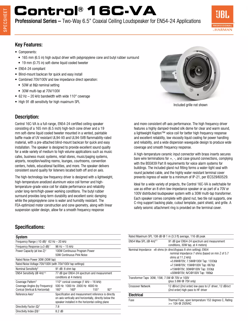 Page 1 of the manual Technical Sheet JBL Control 16C-VA