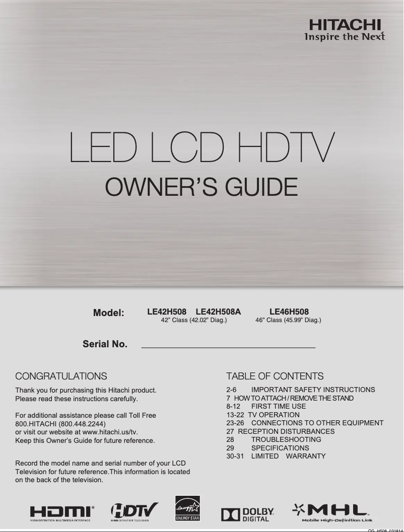 Page 1 of the manual User Manual Hitachi LE42H508A