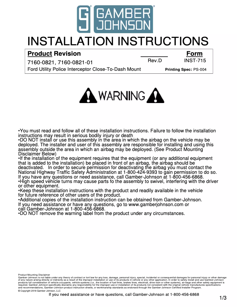 Page 1 de la notice Manuel utilisateur Gamber-Johnson 7160-0821-01