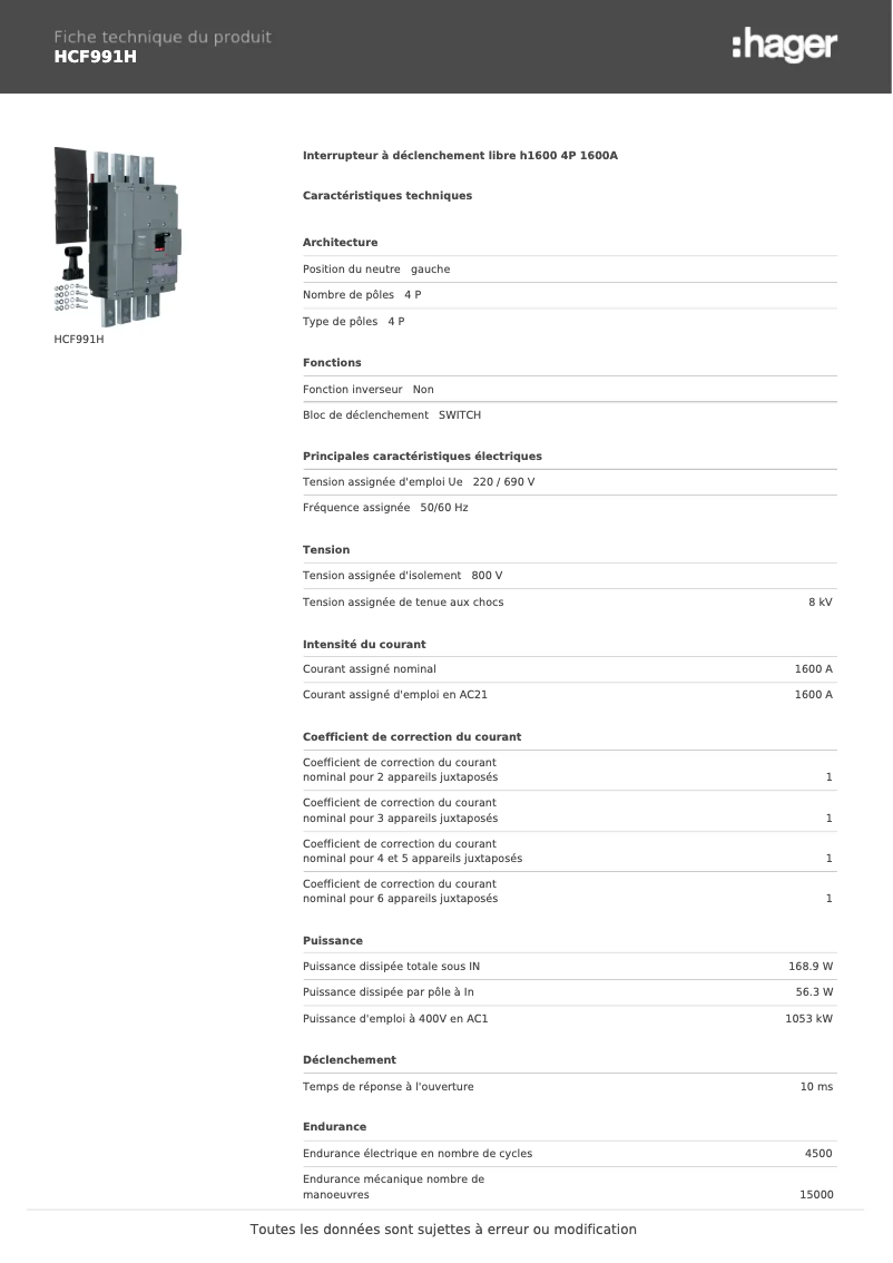 Page 1 of the manual Technical Sheet Hager HCF991H