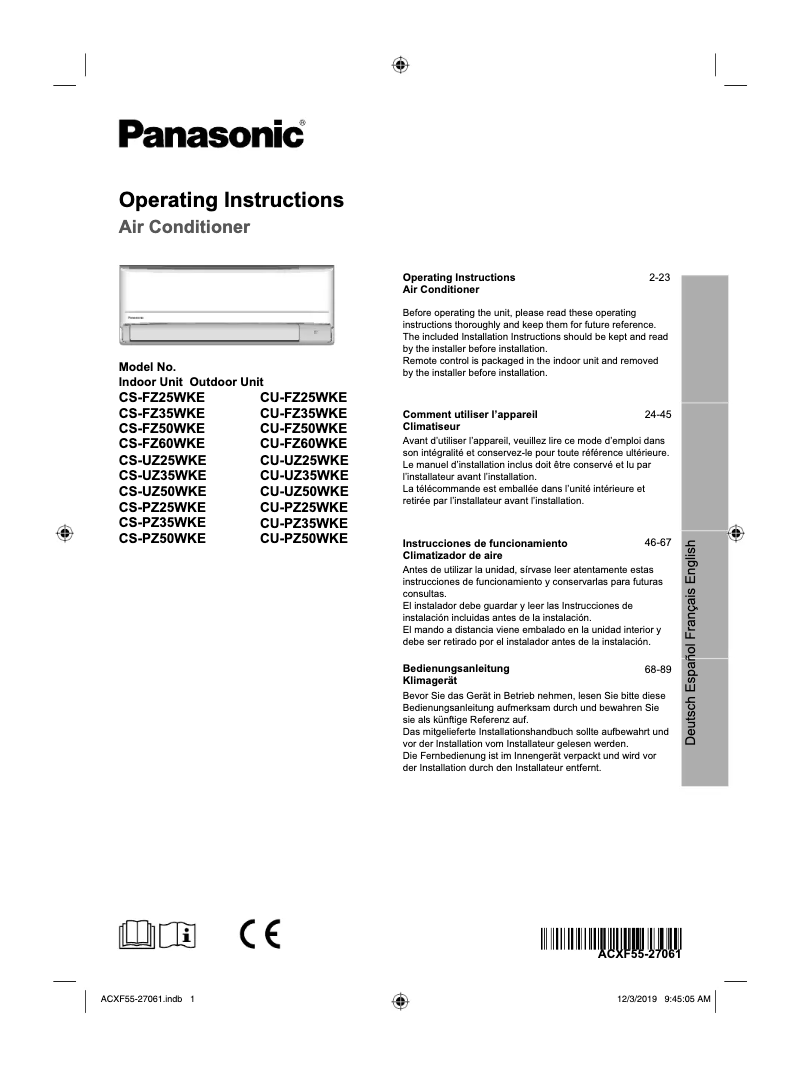 Page 1 of the manual User Manual Panasonic CU-UZ25WKE