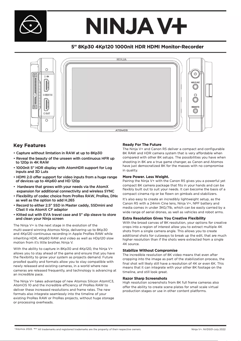 Page 1 of the manual Technical Sheet Atomos Ninja V+