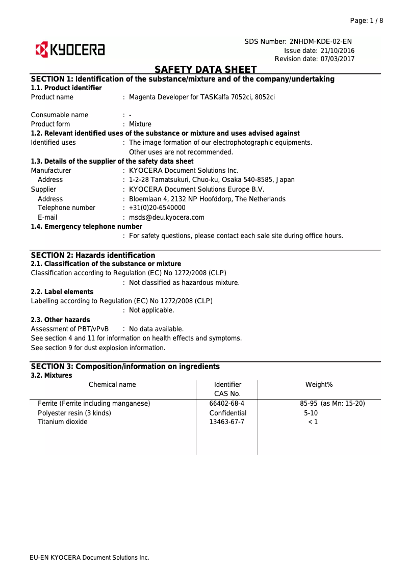 Page 1 of the manual Safety Instructions Kyocera TASKalfa 7052CI