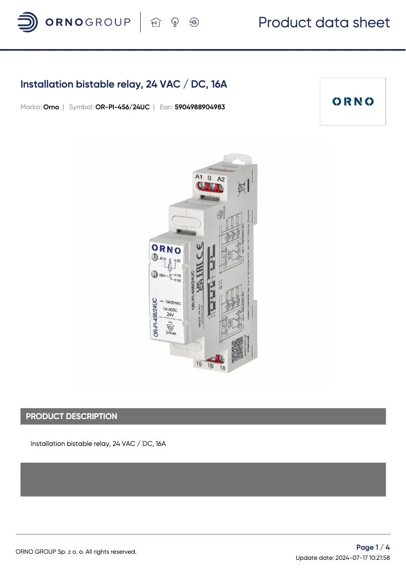 Page 1 de la notice Fiche technique ORNO OR-PI-456