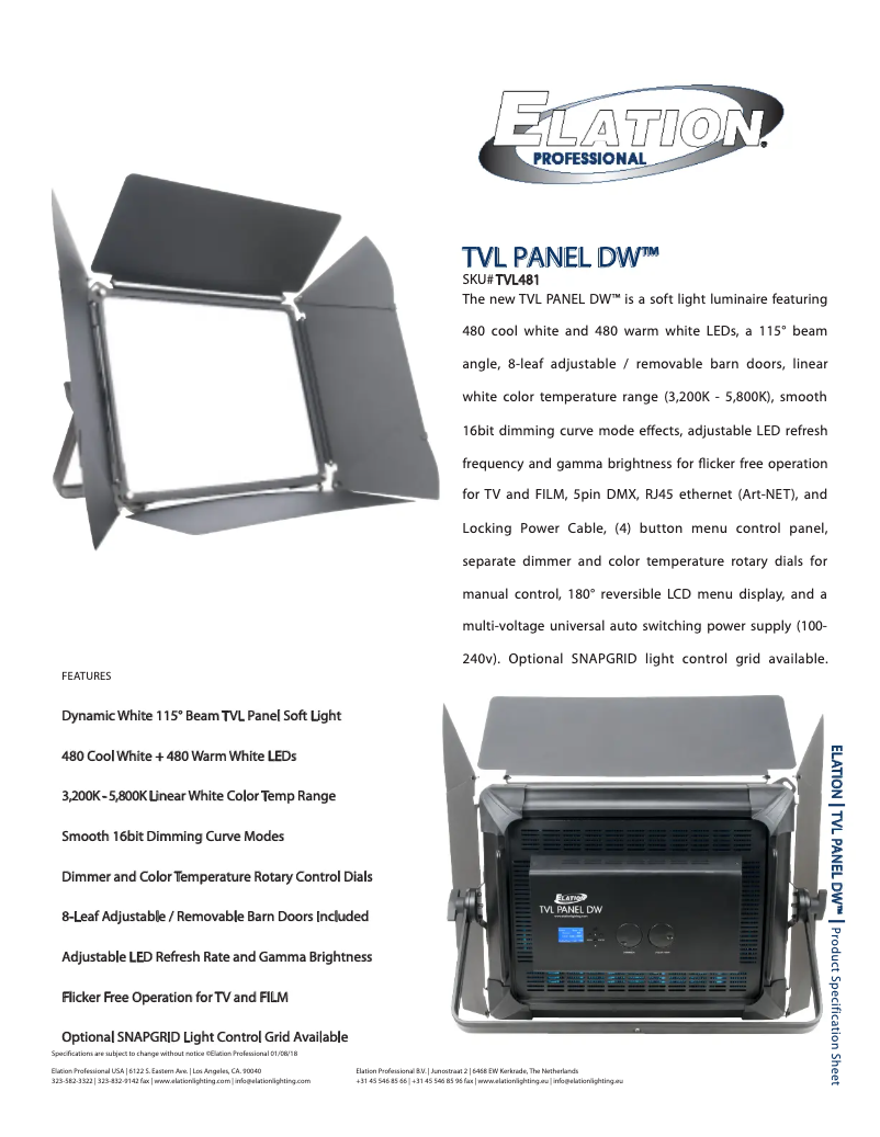 Page 1 de la notice Fiche technique Elation TVL Panel DW